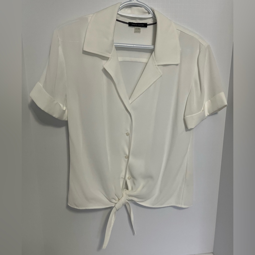 Tommy Hilfiger Tie-Front Button Down Short Sleeve Blouse Size L